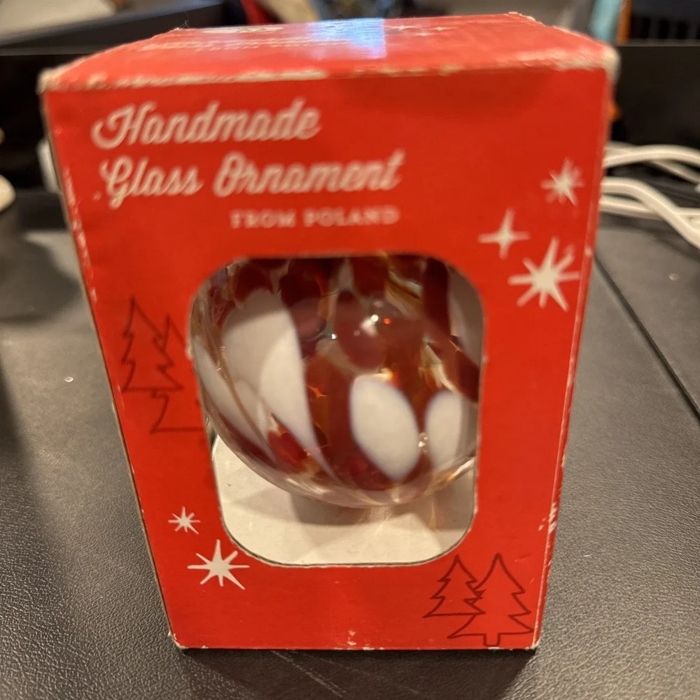 Zorza Hand Blown Glass Ornament Ball From Poland Maroon & White Colored